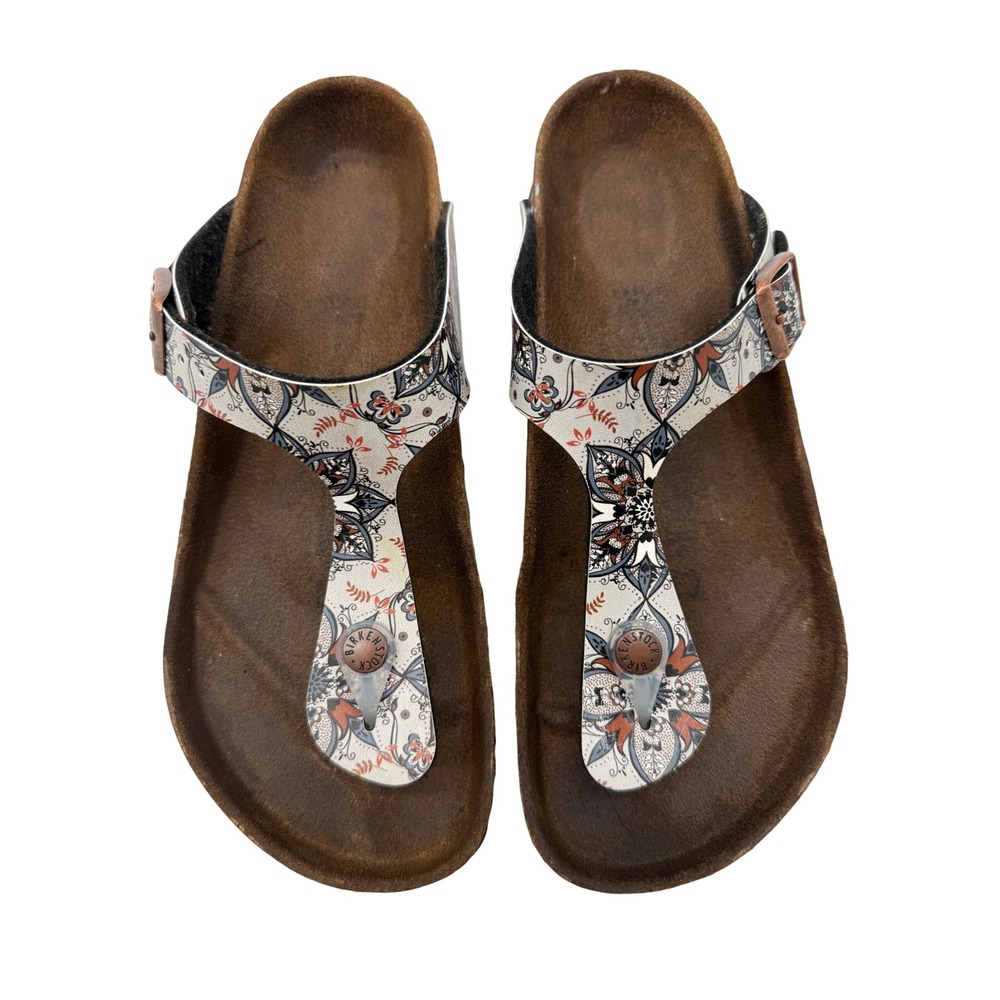 Birkenstock Brown Footbed Sandals with Cream, Black & Rust Patterned Straps